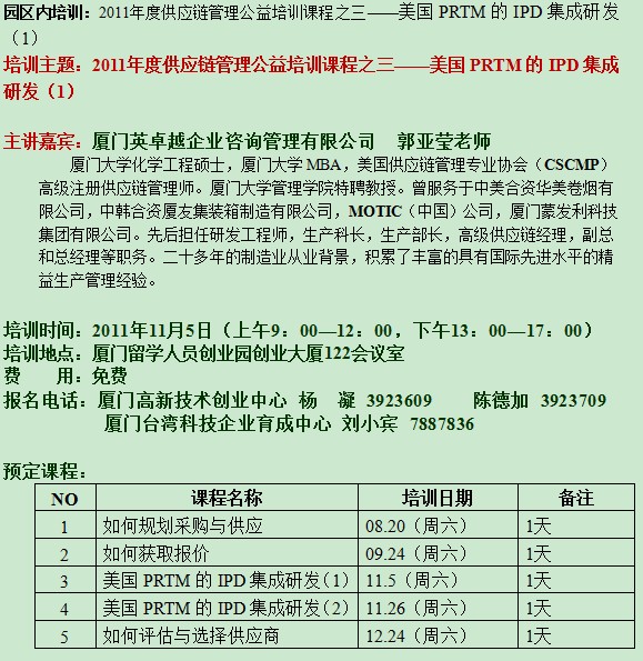 园区内培训：2011年度供应链管理公益培训课程之三——美国PRTM的IPD集成研发